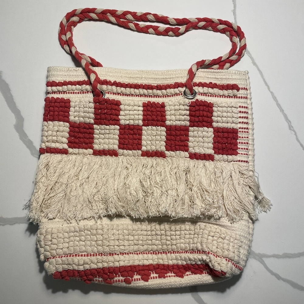 Red & Cream Beach Tote Bag - never used